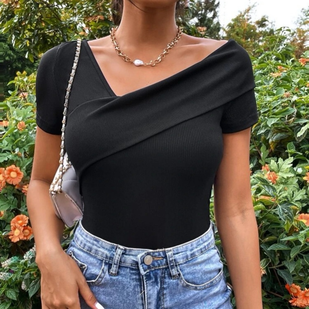 SHEIN ‼️ Asymmetrical Neckline Rib-Knit Bodysuit